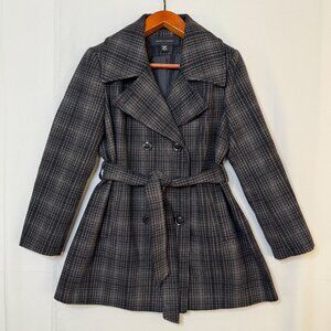 Y2K Apostrophe Wool Blend Black Gray Plaid Double Breast Belted Peacoat Size 1X